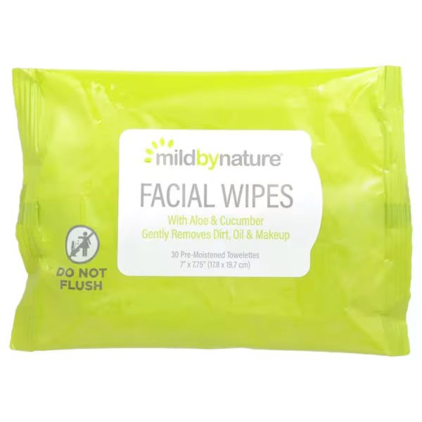 Mild By Nature, Aloe & Cucumber Facial Wipes, Biodegradable, 30 Pre-Moistened Towelettes